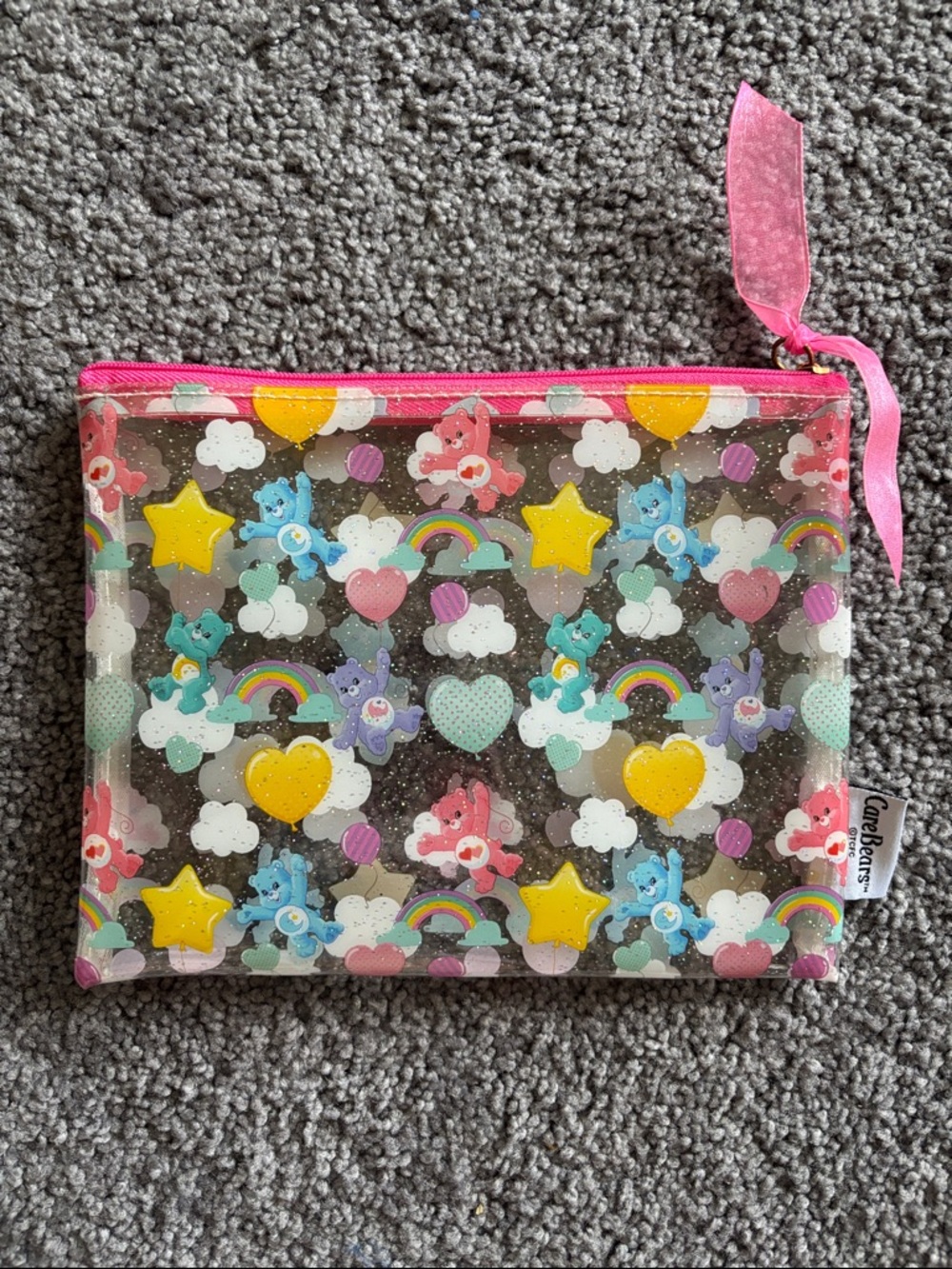 Care Bears Clear Pouch with Pink Zipper and Rainbow Print